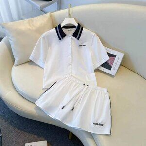 Miu Miu Striped Collar Short-Sleeve Shirt & Drawstring Skort Set Sz S